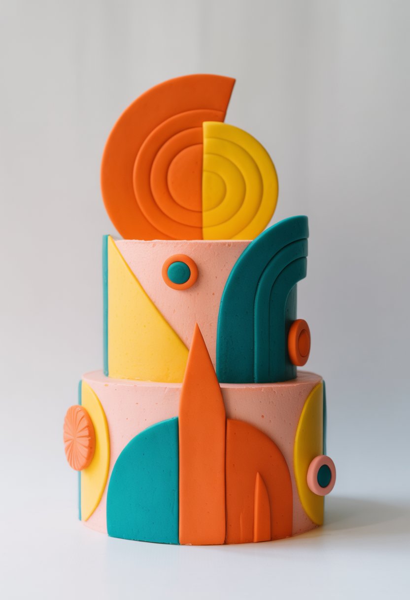 A colorful cake decorated with bold geometric shapes and bright patterns on a clean background.