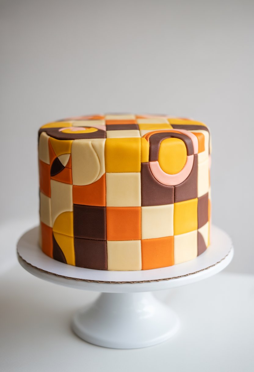 A colorful cake with a checkerboard patterned fondant base displayed on a white cake stand against a plain background.