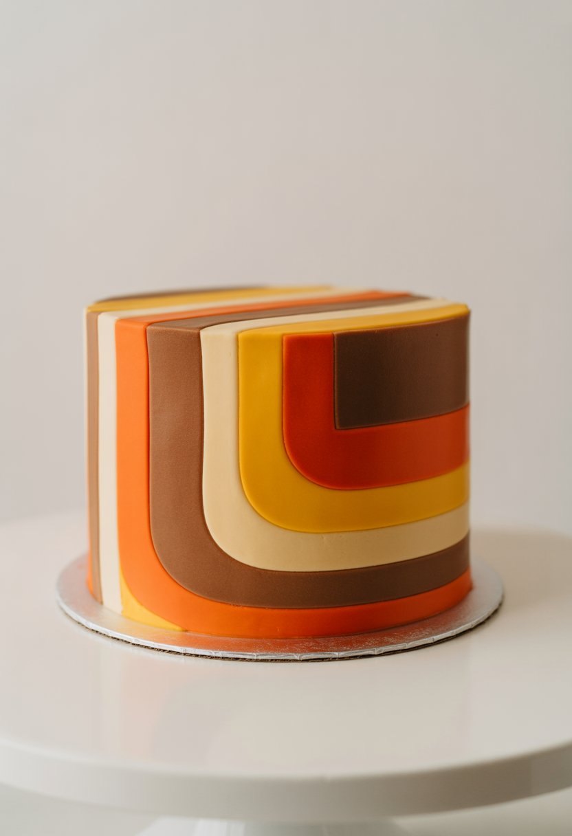 A cake with colorful horizontal stripes on its sides placed on a white cake stand against a plain background.