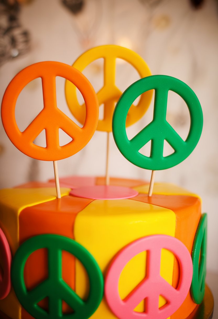 Close-up of a colorful cake decorated with multiple peace sign toppers arranged around the top.