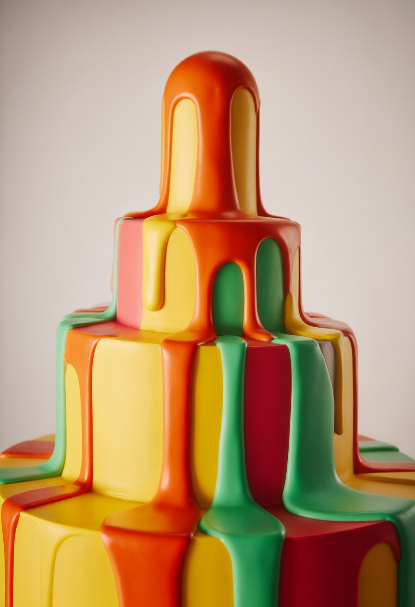 A multi-tiered colorful cake with smooth dripping icing in bright colors on a plain background.
