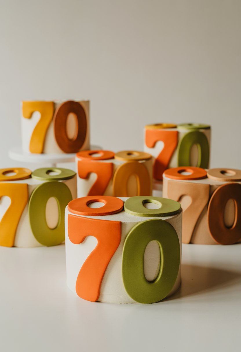 A collection of colorful cakes decorated with bold number shapes arranged on a white surface.