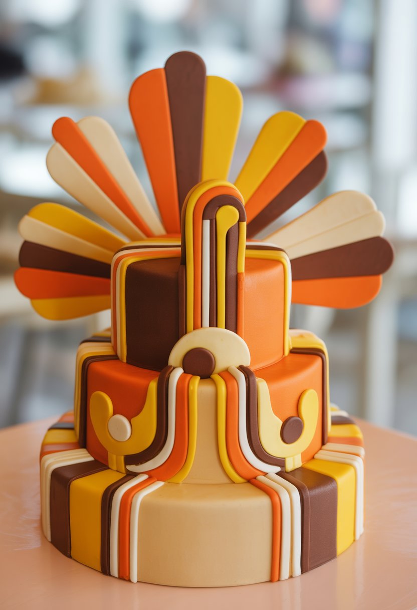 A multi-tiered cake with colorful sunburst patterns and geometric shapes on a table.