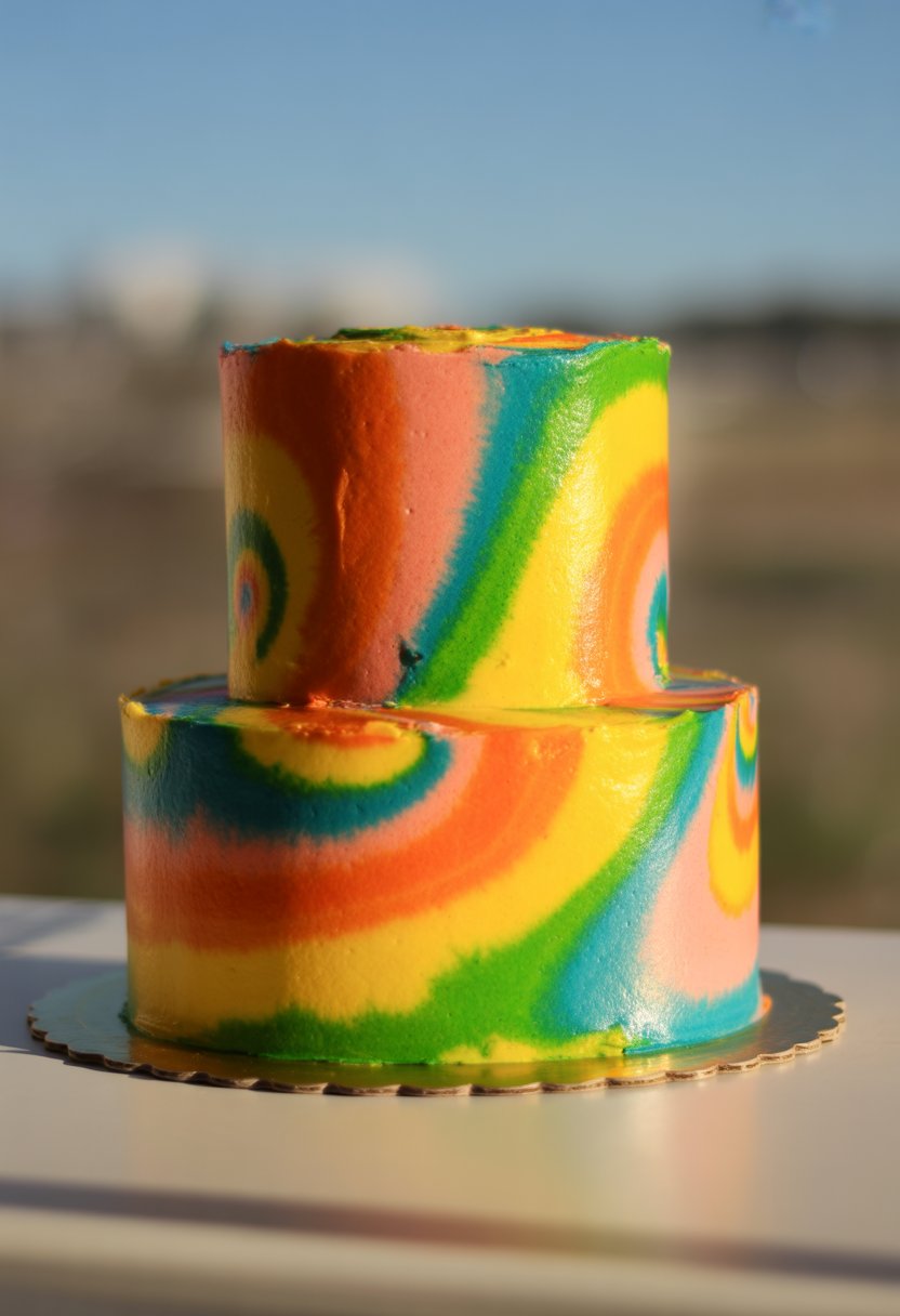 A colorful multi-layered cake with vibrant swirls of tie-dye icing placed on a white cake stand.
