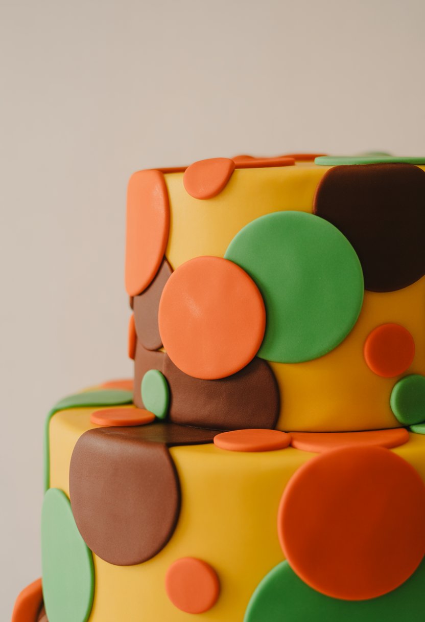 A colorful multi-tiered cake decorated with polka dot fondant accents on a plain background.