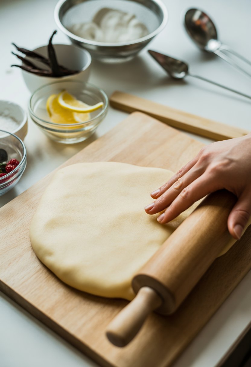 A person rolling out white fondant on a wooden board surrounded by small bowls of natural flavoring ingredients in a bright kitchen.