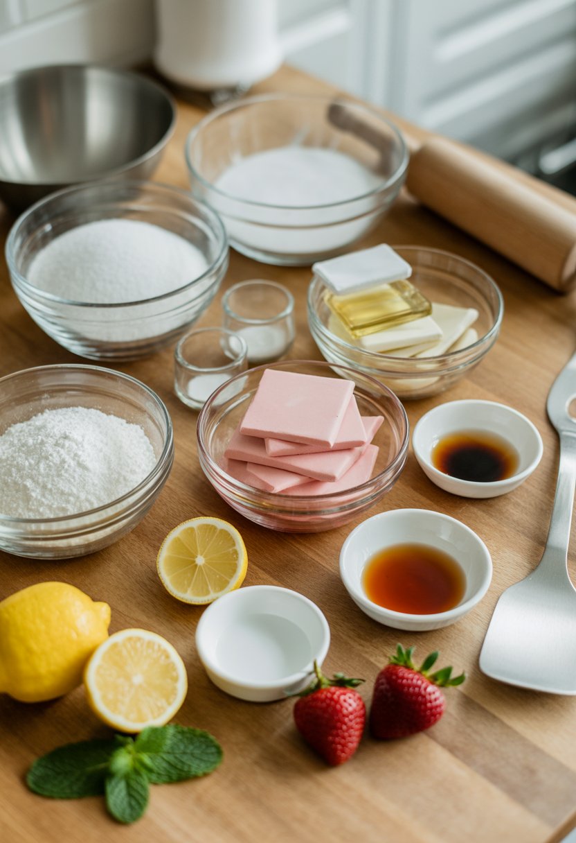 A kitchen countertop with bowls of powdered sugar, gelatin, glycerin, corn syrup, natural flavor extracts, fresh fruits, and baking tools arranged for making flavored fondant.