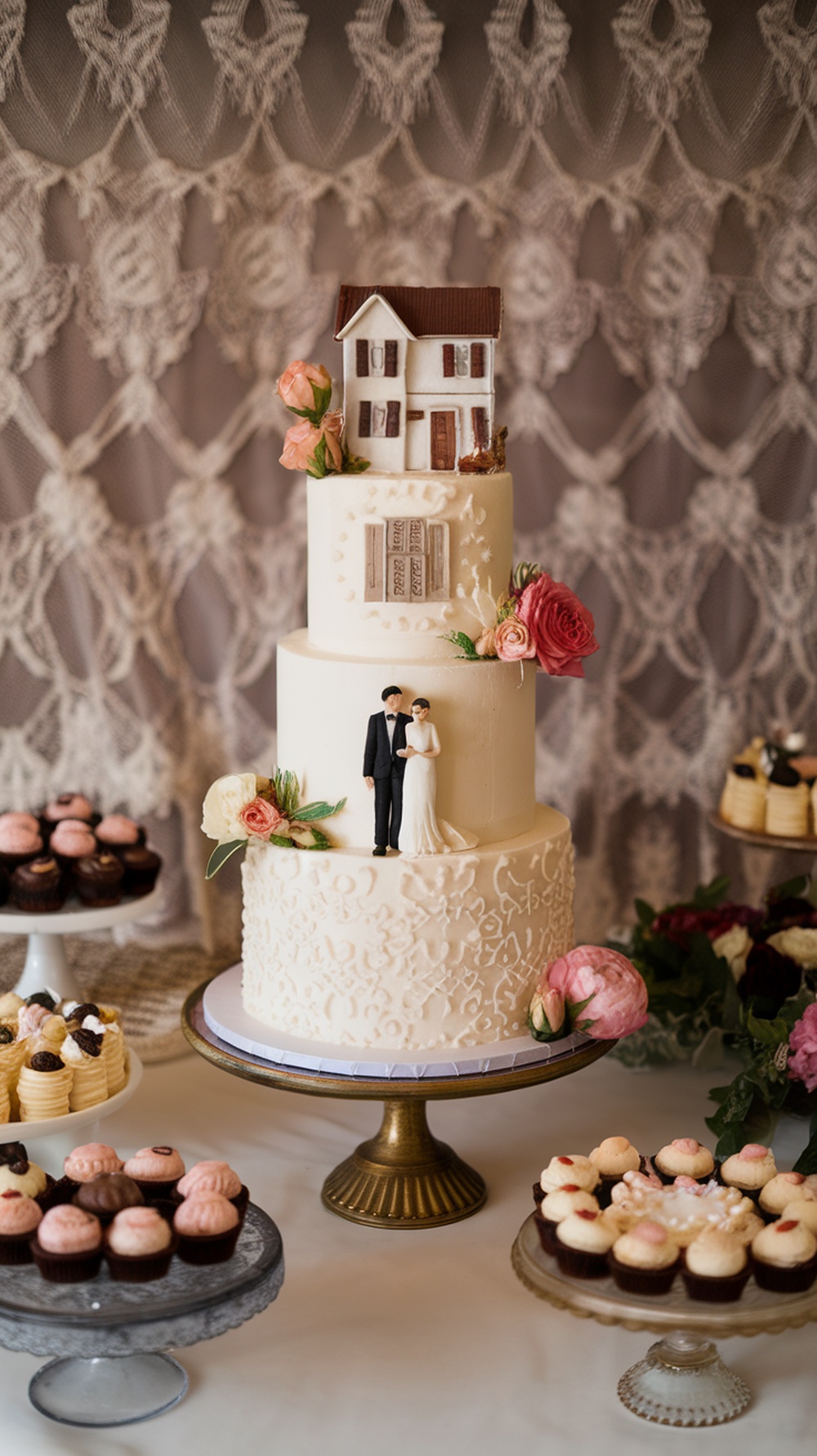 A beautifully crafted engagement cake featuring a couple figurine and floral decorations.