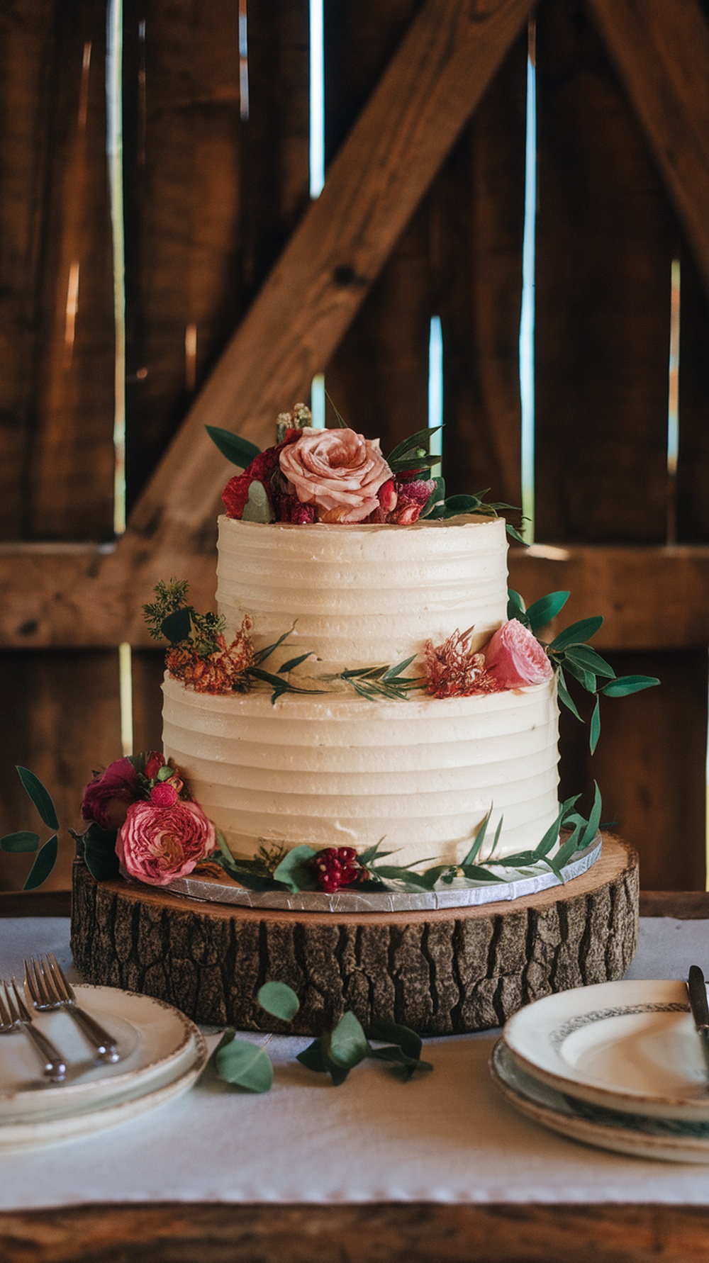 A rustic buttercream engagement cake adorned with seasonal flowers and greenery.