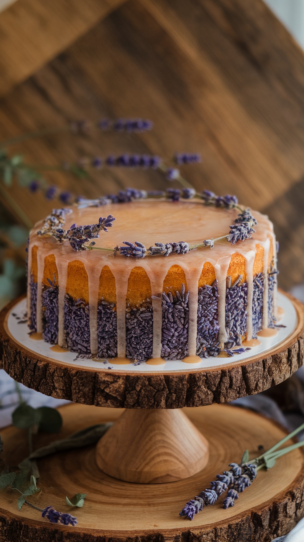 A beautifully decorated lavender infused cake with honey glaze, adorned with dried lavender flowers.