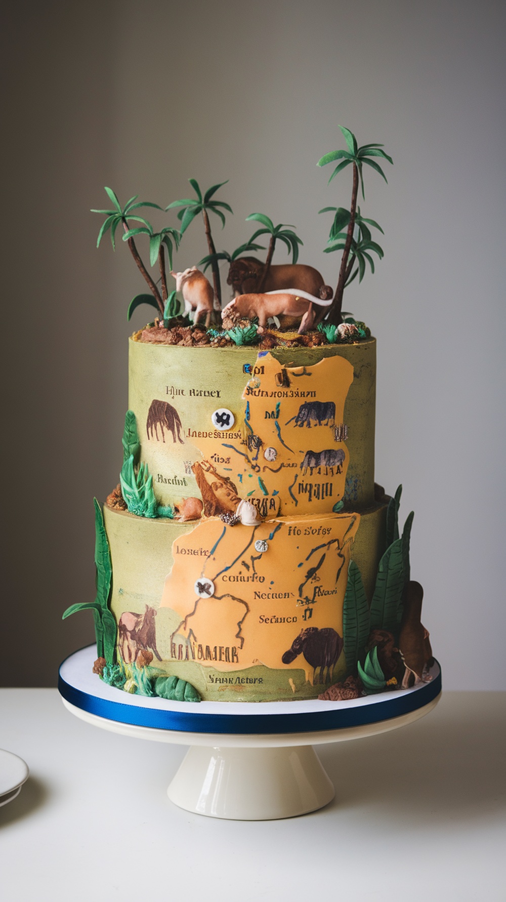 A beautifully designed Safari Theme Cake featuring a map and jungle animals.