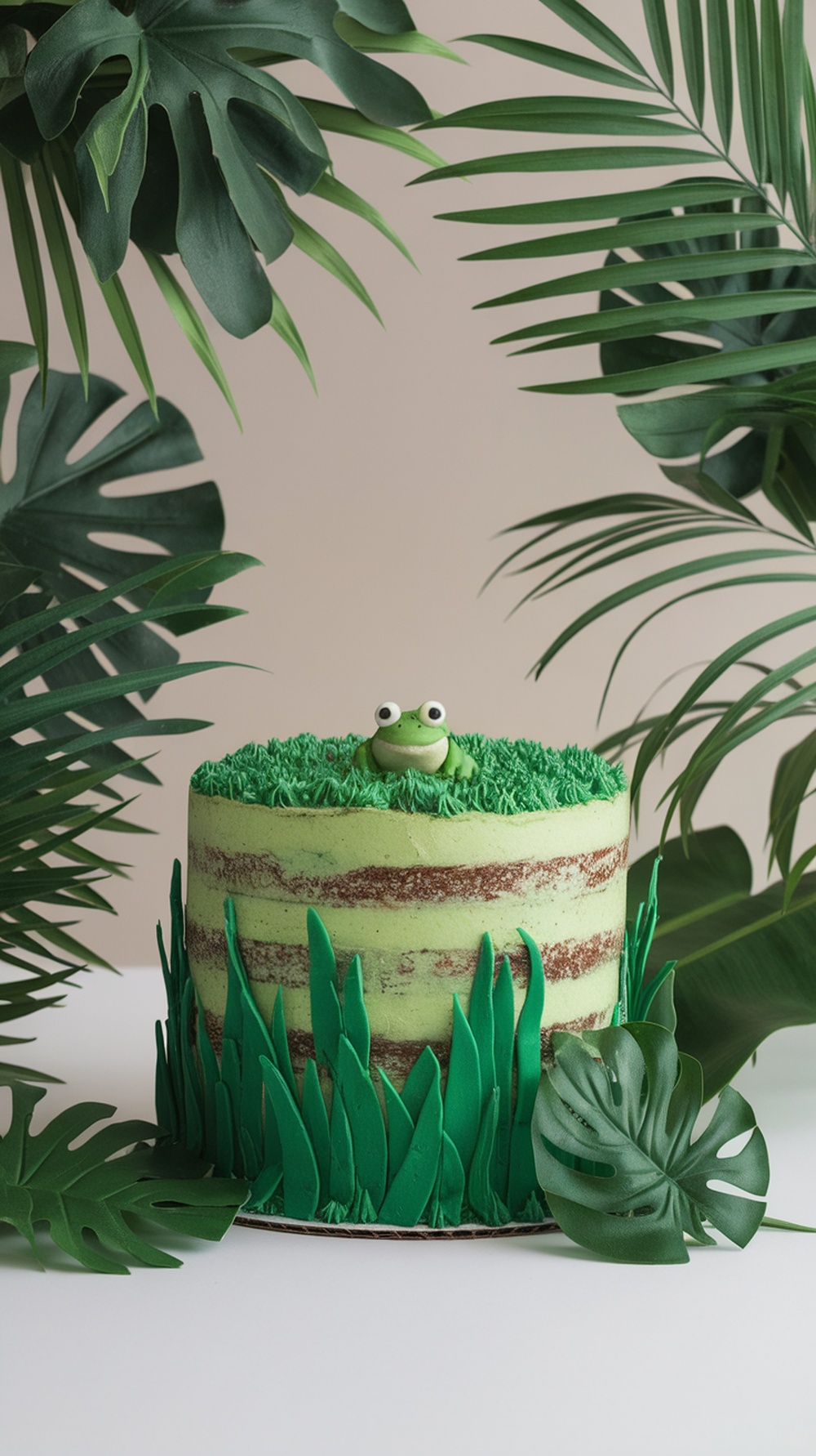 A jungle-themed cake decorated with green frosting, resembling grass, and topped with a cute frog, surrounded by tropical leaves.