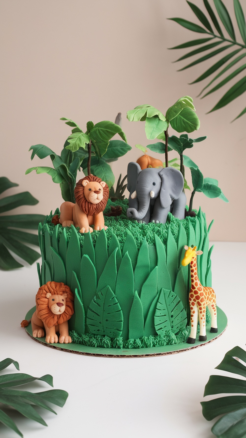 A jungle-themed cake featuring animal figurines including lions, an elephant, and a giraffe, surrounded by green foliage.