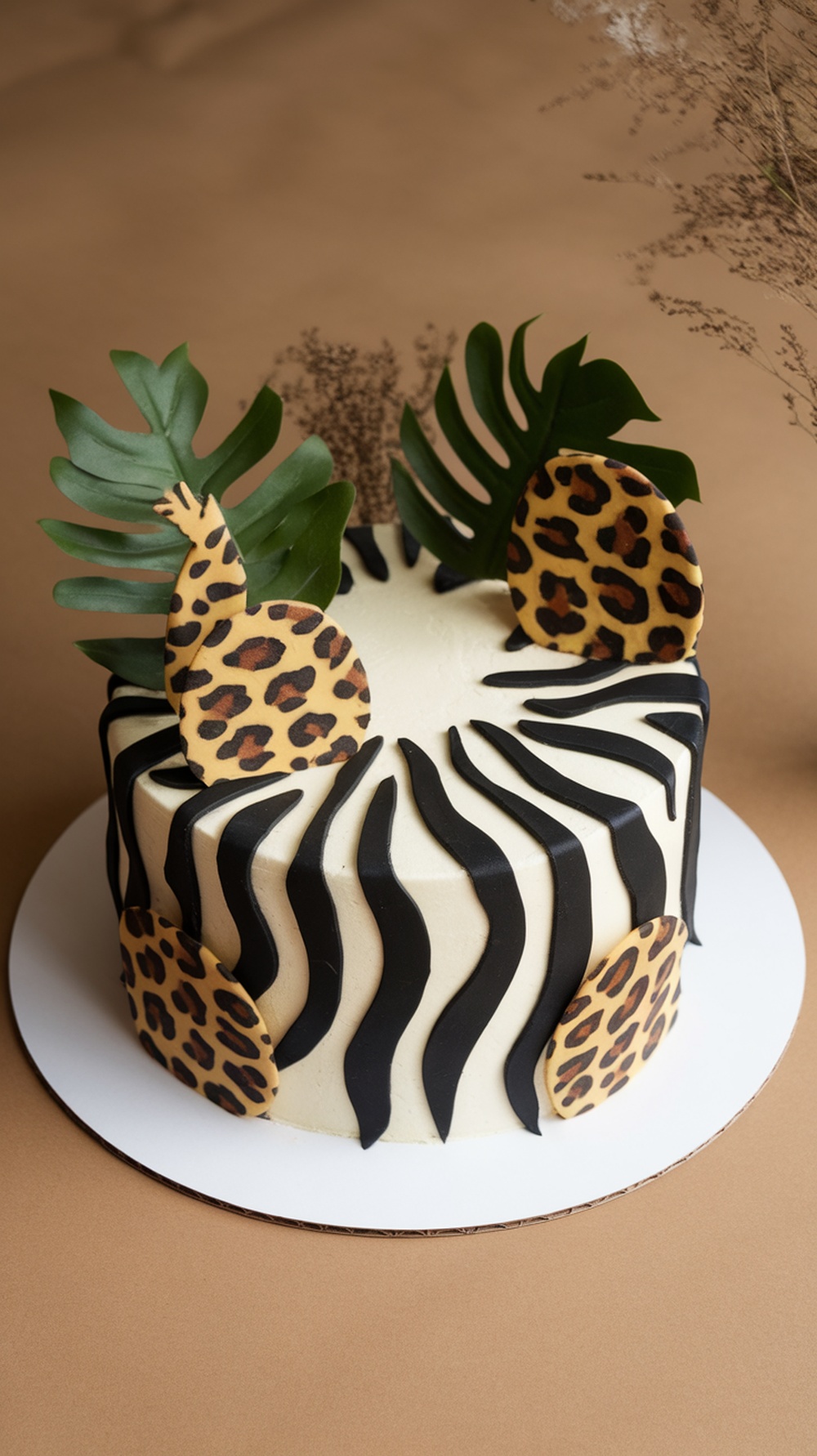 A safari theme cake with edible animal prints and green leaves on top.
