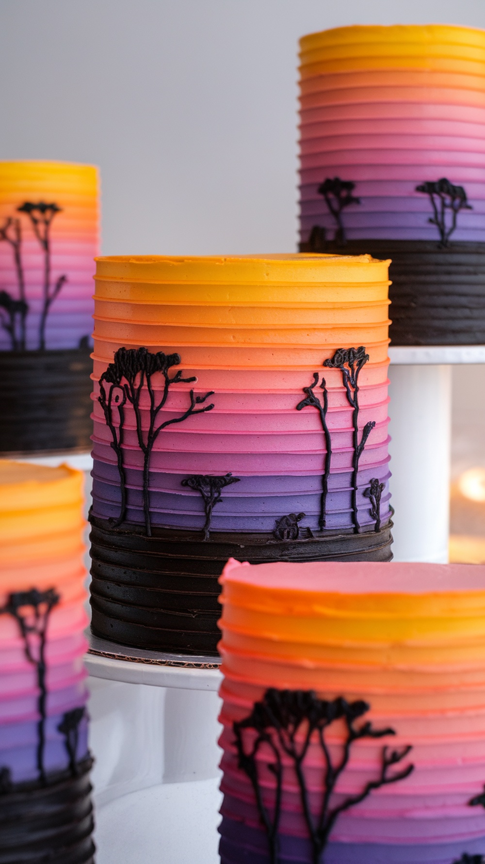 A beautifully designed Safari Theme Cake with a sunset gradient from orange to purple, featuring black silhouettes of trees.