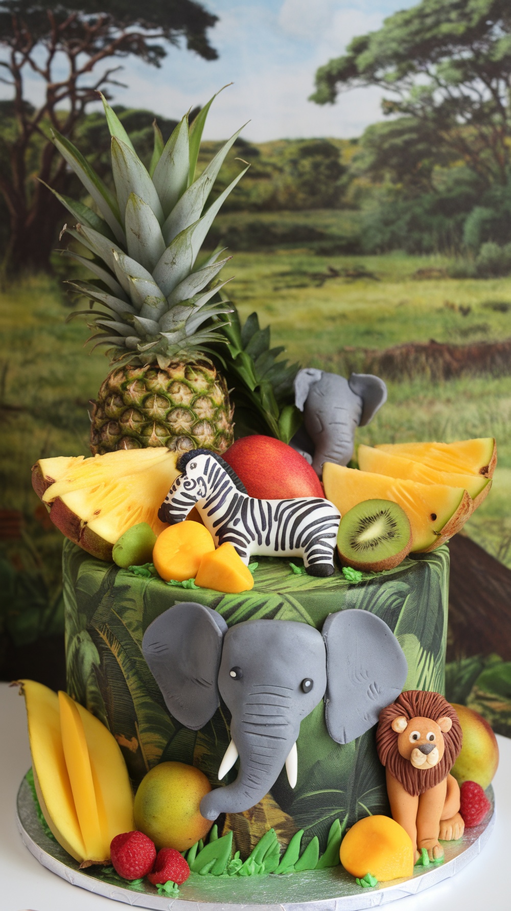 A beautifully decorated cake topped with tropical fruits like pineapple, papaya, and kiwi, surrounded by lush green leaves.
