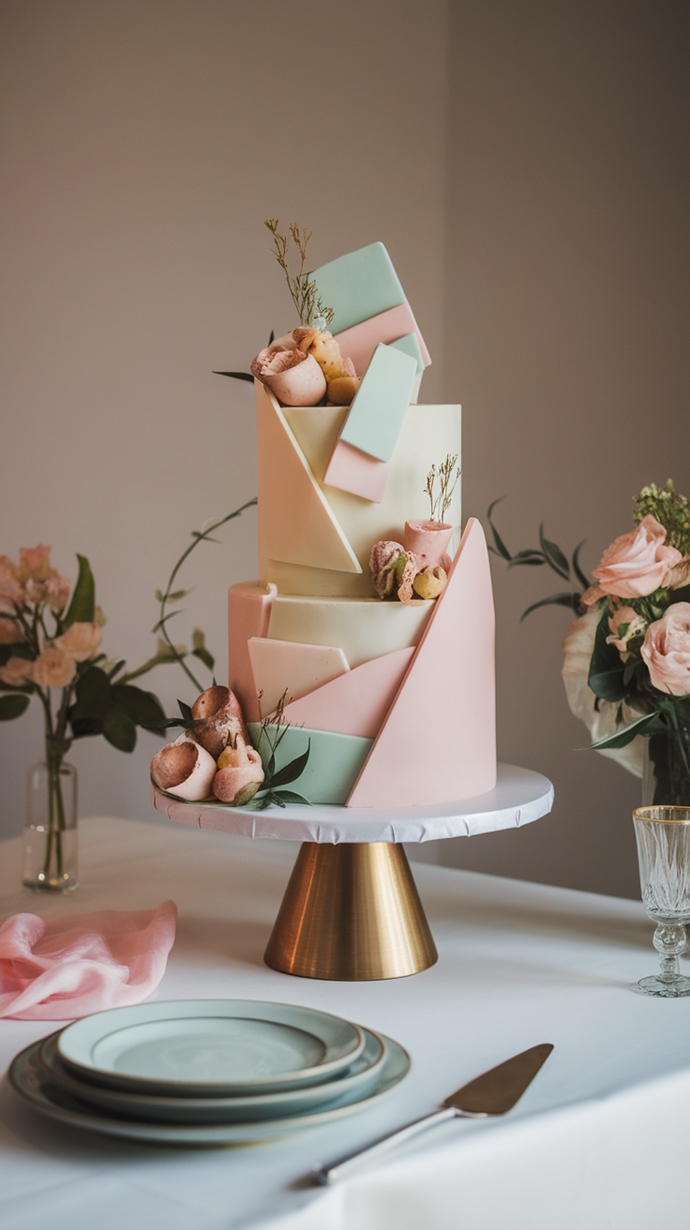A geometric engagement cake in pastel shades with decorative elements.