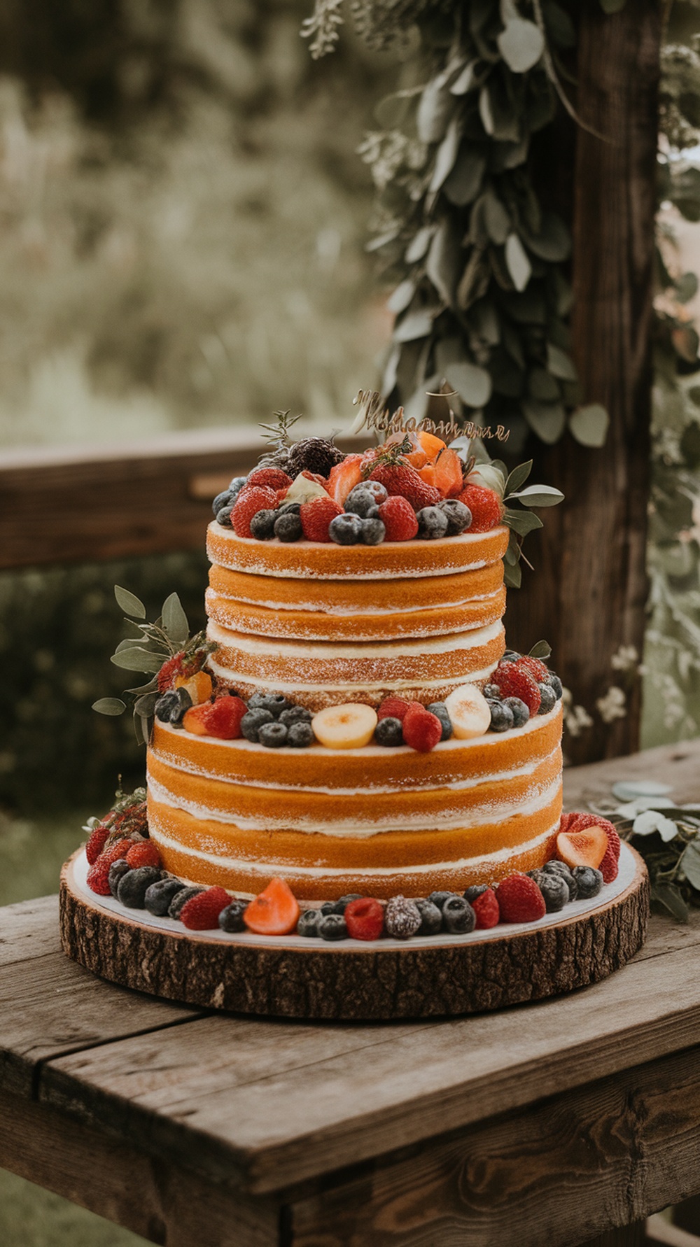 Naked cake with fresh fruits on a wooden table