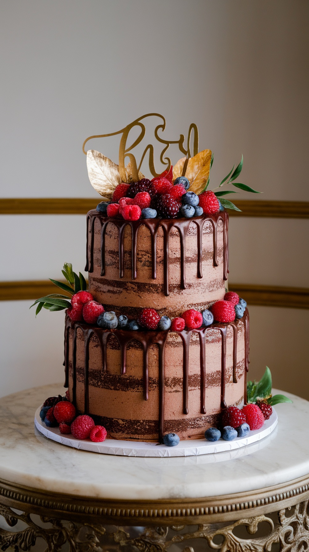 A two-tiered chocolate engagement cake with a drip design, topped with berries and gold accents.