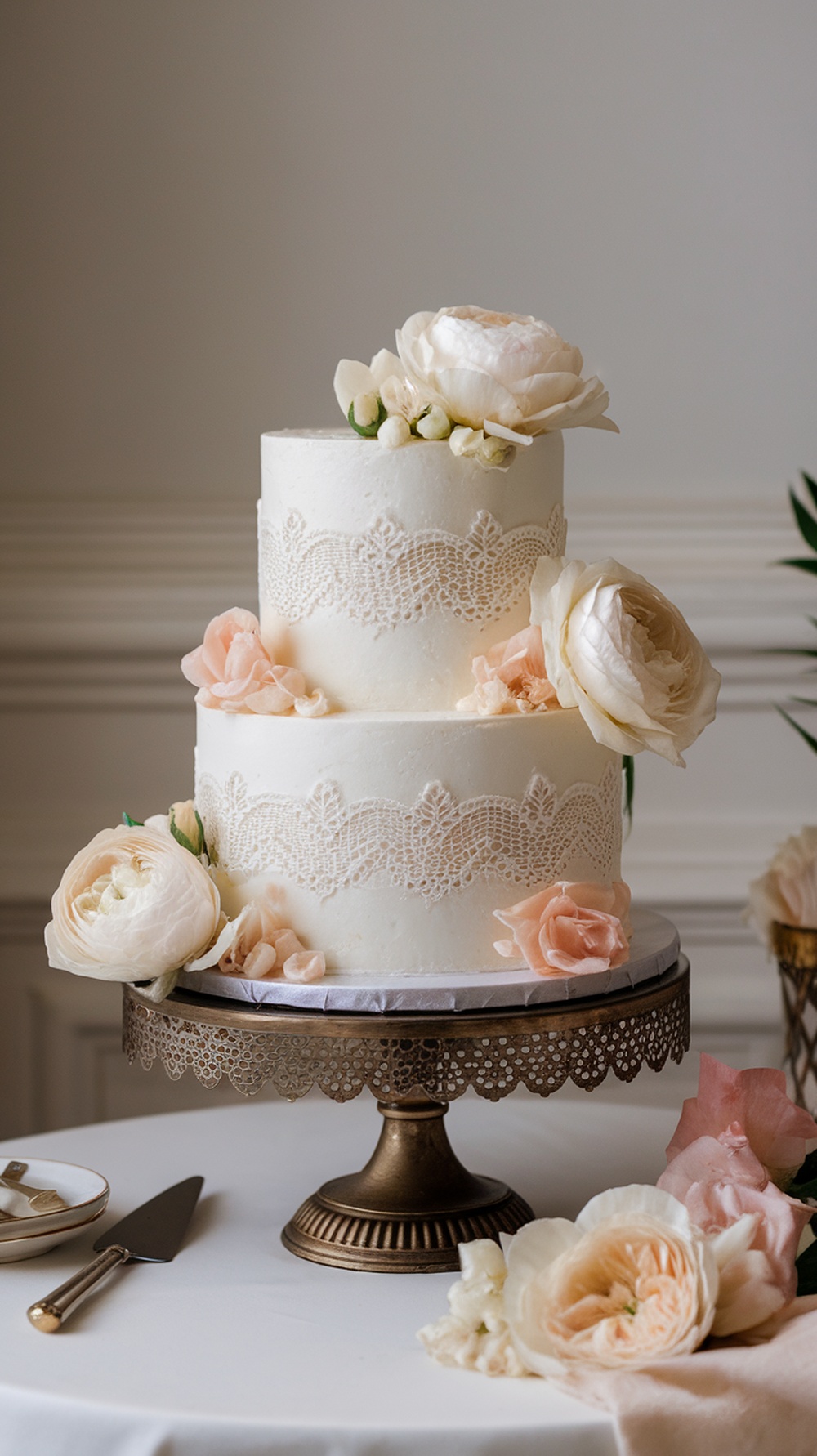 A three-tiered white engagement cake decorated with intricate lace and fresh flowers.
