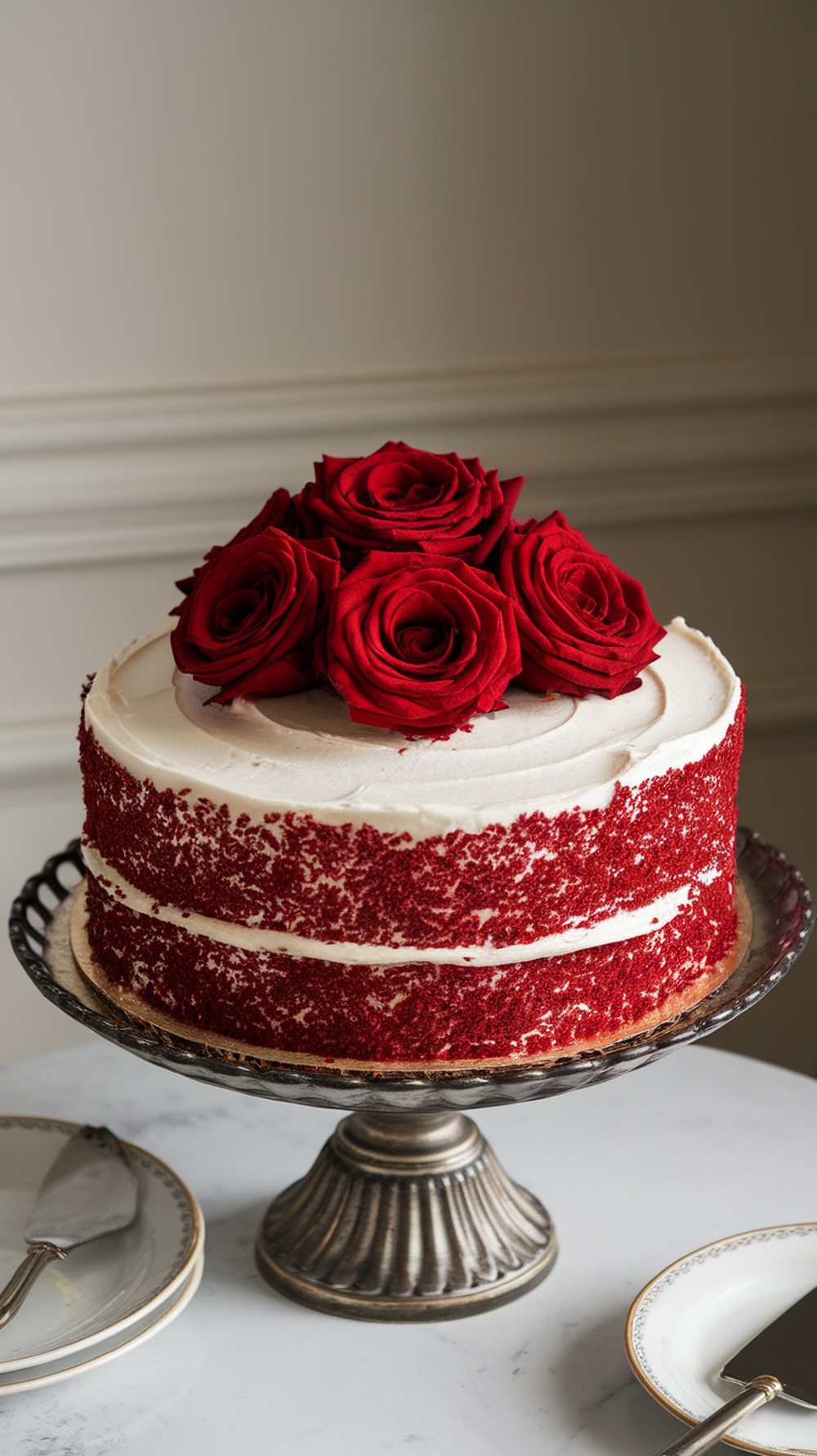 A small engagement cake featuring red velvet layers, creamy frosting, and topped with fresh red roses.