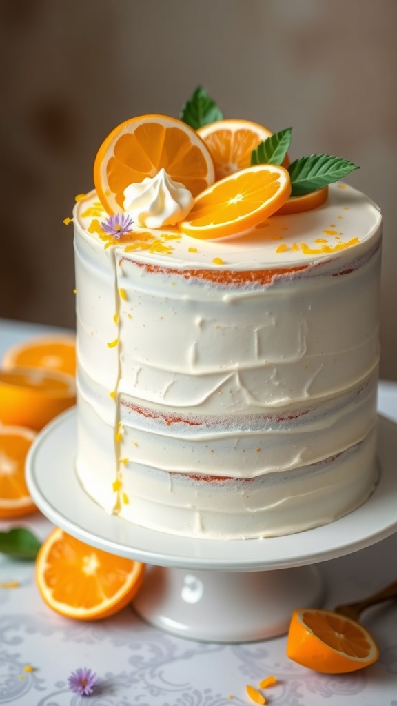 A small engagement cake decorated with bright citrus slices and cream cheese frosting.