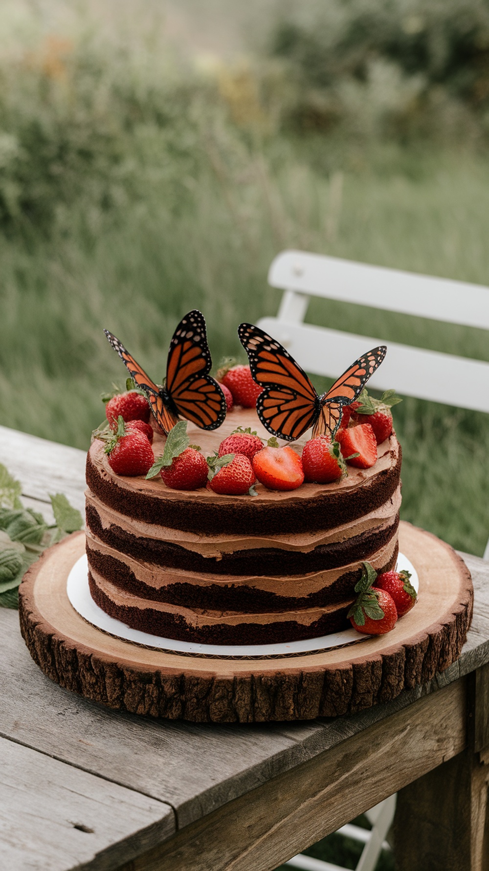A beautifully decorated chocolate cake with strawberries and butterfly decorations on top, set on a wooden table.