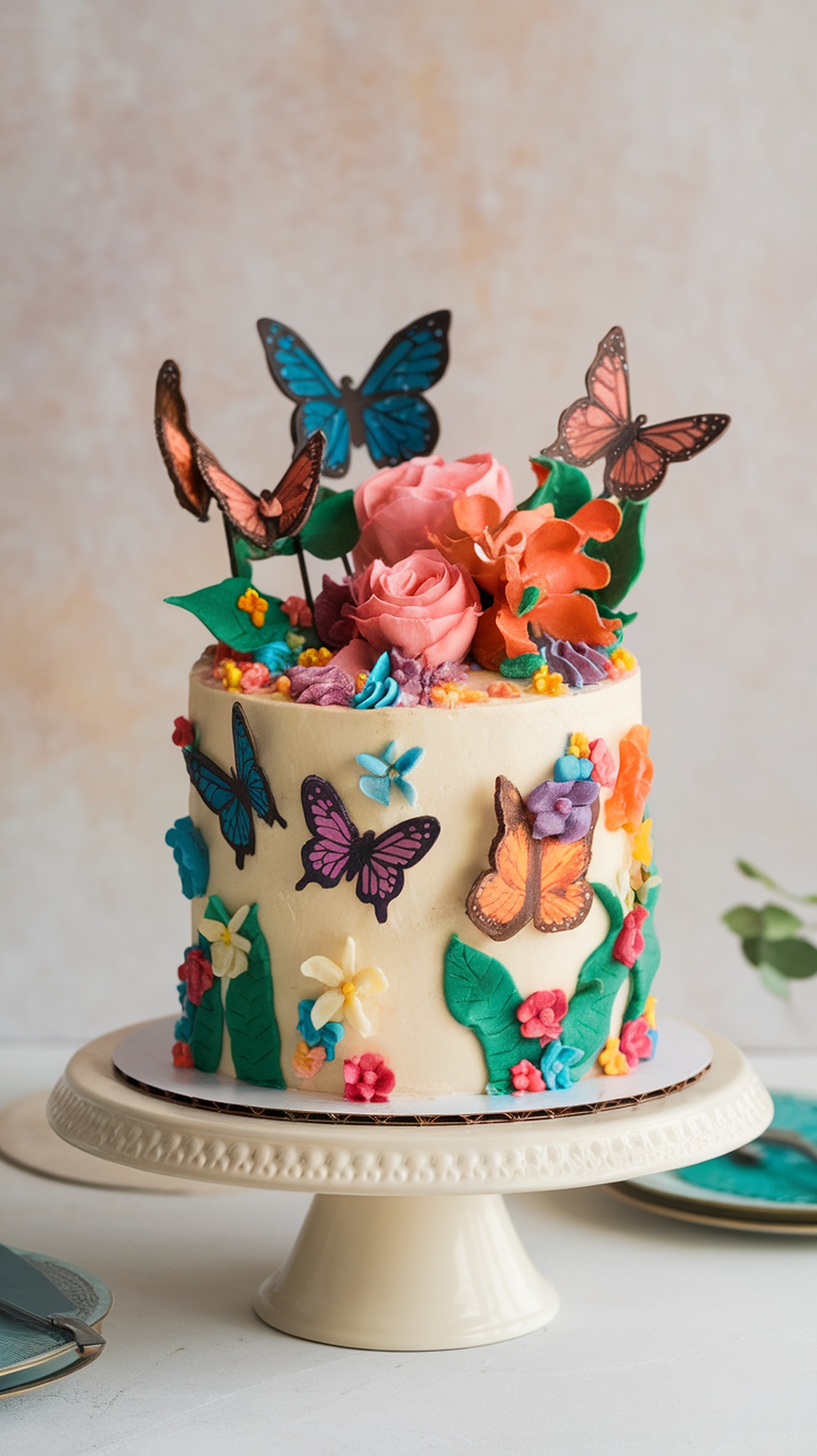 A beautifully decorated vanilla butterfly cake with colorful flowers and butterflies on top.