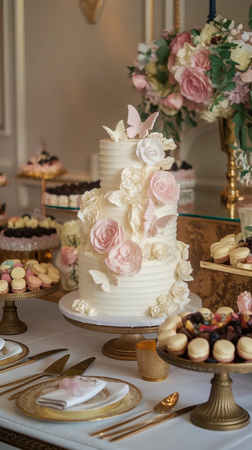 A beautifully decorated three-tiered cake with floral designs and butterflies, surrounded by assorted pastries and desserts.