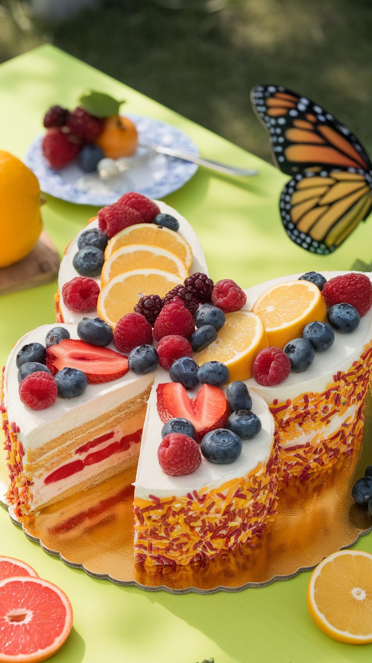 A colorful fruit-infused butterfly cake topped with slices of oranges, grapefruits, and berries.