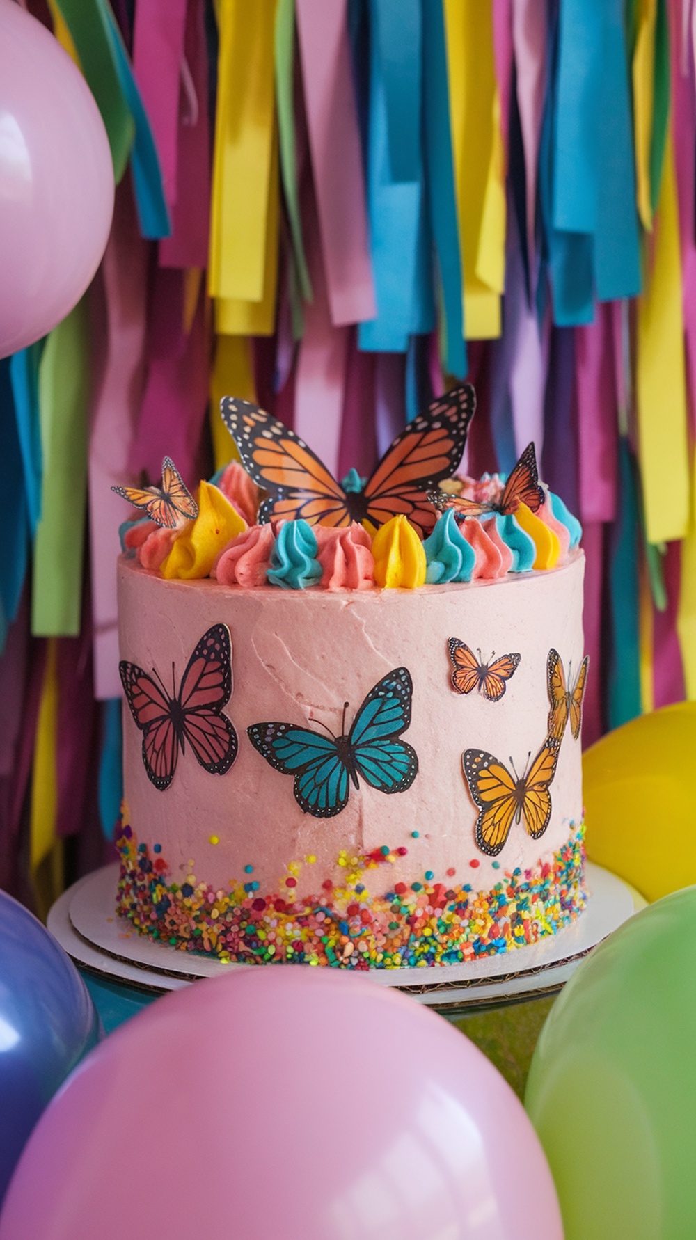 A colorful gluten-free butterfly cake decorated with edible butterflies and vibrant frosting.