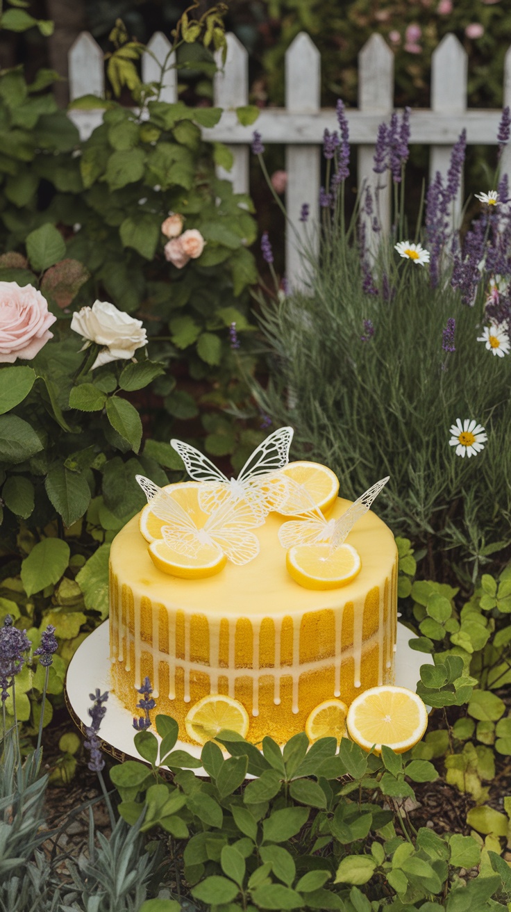 A beautifully decorated lemon cake with lemon slices and pink flowers, set against a lush green background.