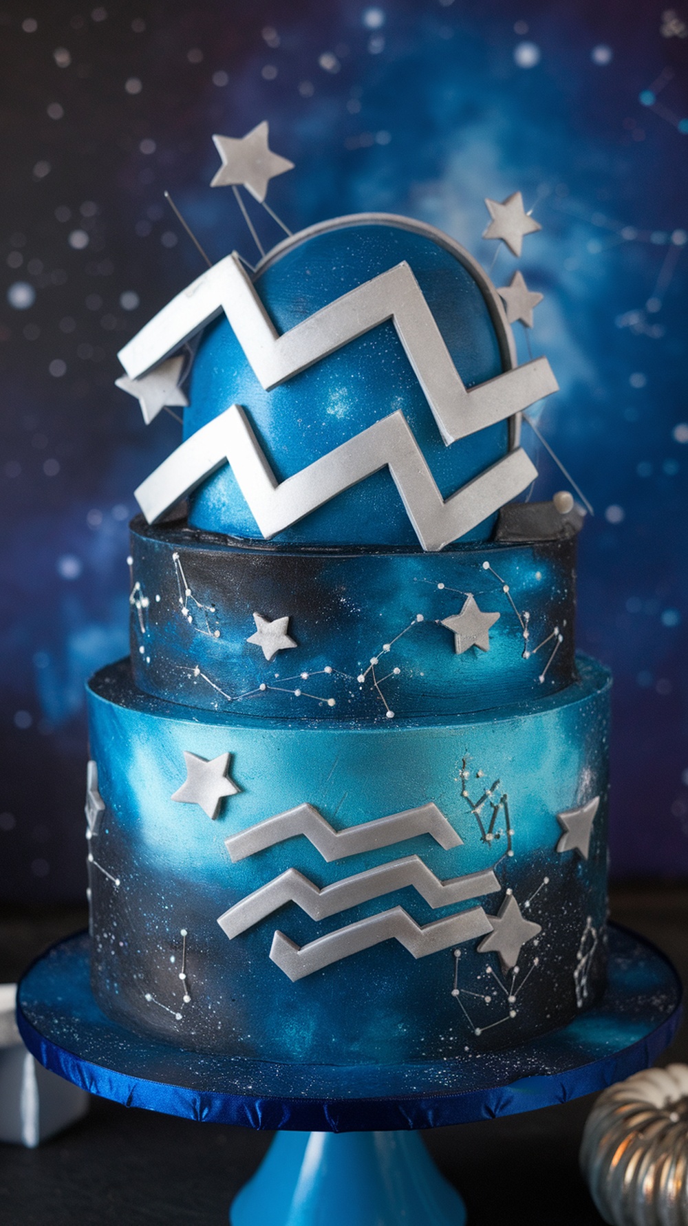 A beautifully designed Aquarius constellation cake with blue and silver colors, featuring zigzag patterns and stars.