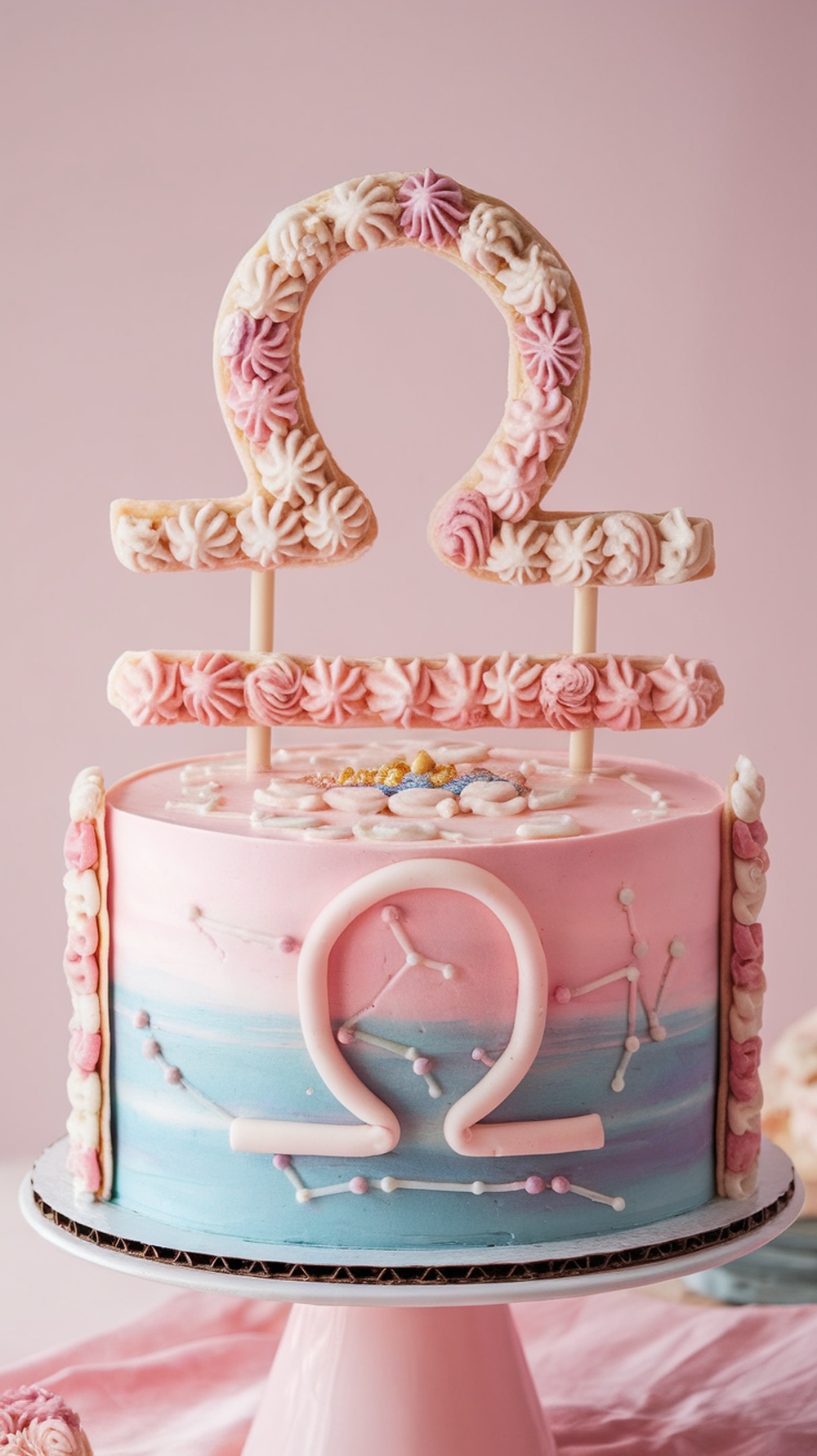 A beautifully designed Libra cake featuring pink and blue colors with symmetrical designs and the Libra symbol.