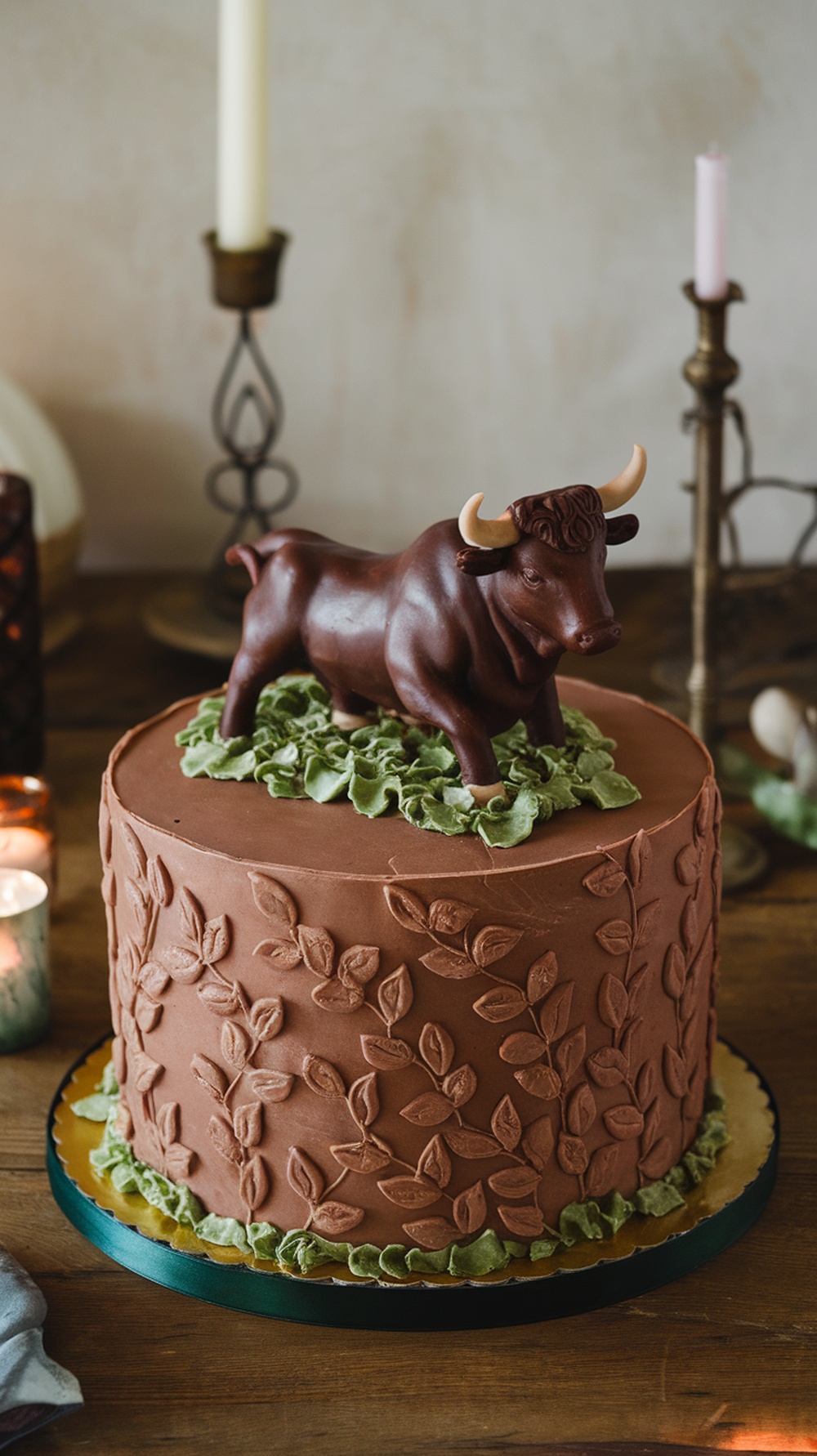 A beautifully decorated chocolate ganache cake topped with pink roses and greenery, representing the Taurus zodiac sign.