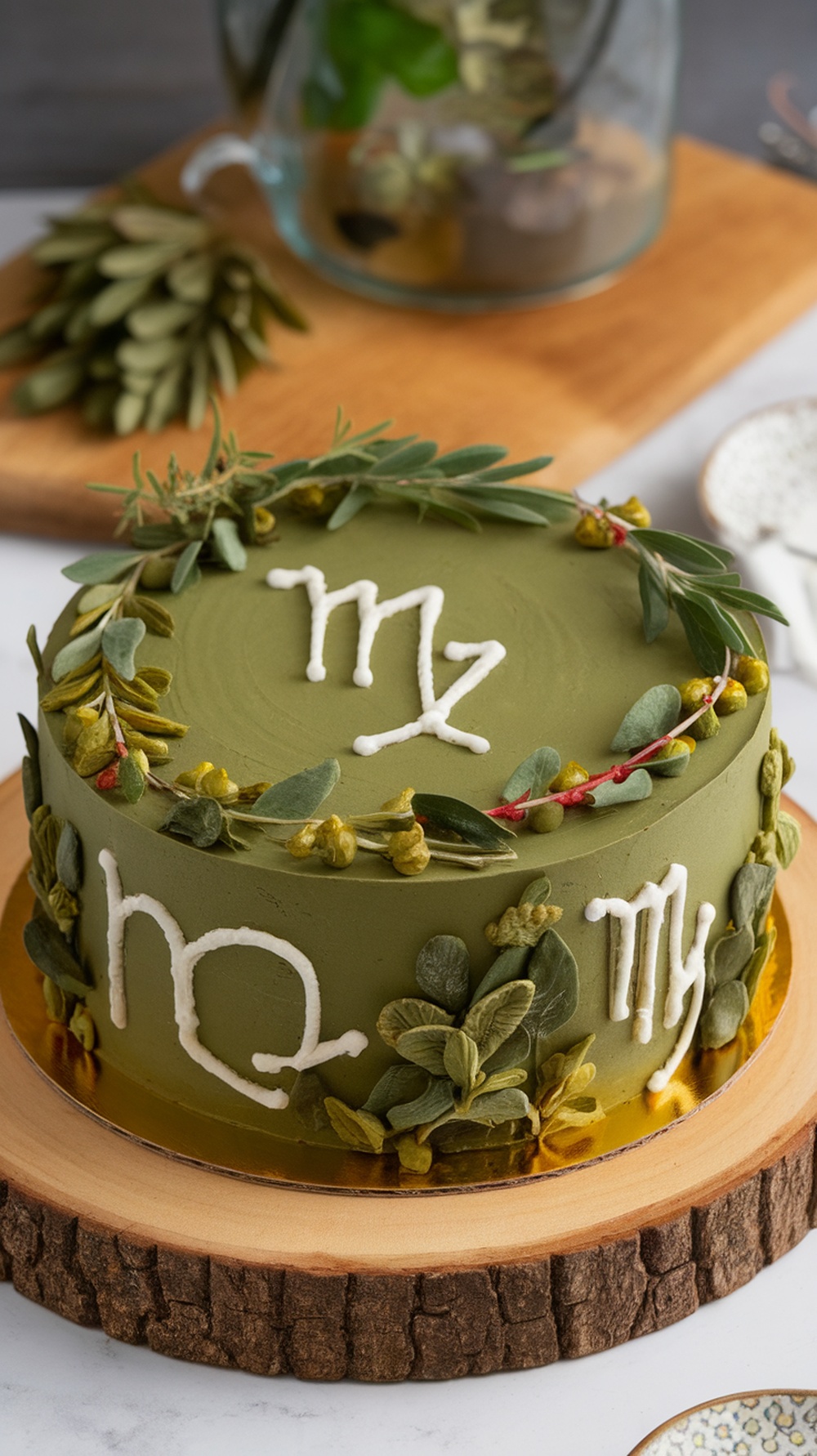 A beautifully decorated olive oil cake with herb accents, representing the Virgo zodiac sign.