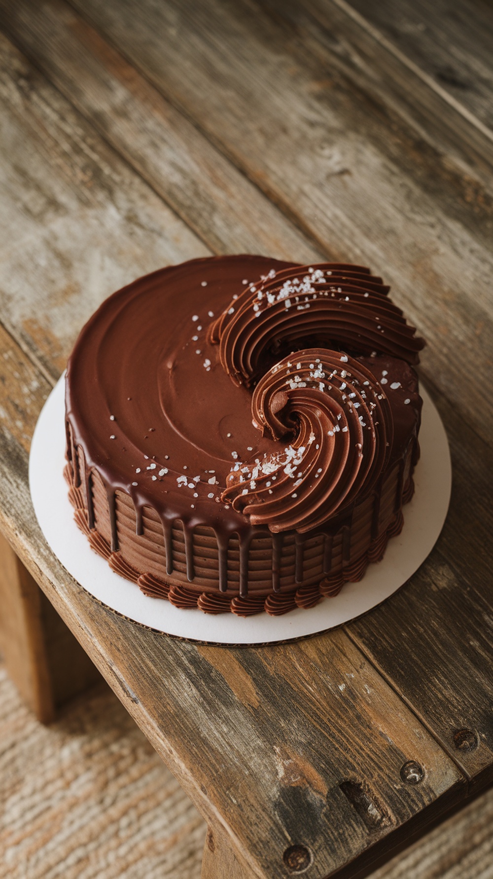 A beautifully decorated chocolate cake with wave patterns and sea salt on top, placed on a rustic wooden table.