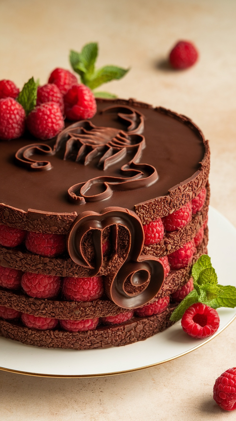 A dark chocolate and raspberry cake decorated with chocolate scorpion motifs and fresh raspberries.