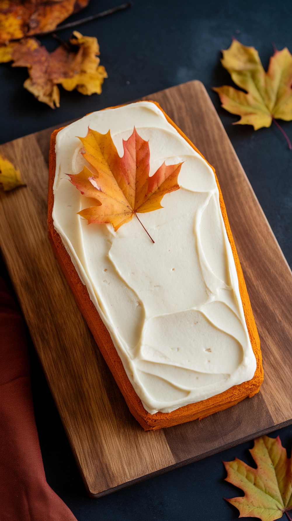 Pumpkin spice coffin cake with cream cheese frosting and a maple leaf on top
