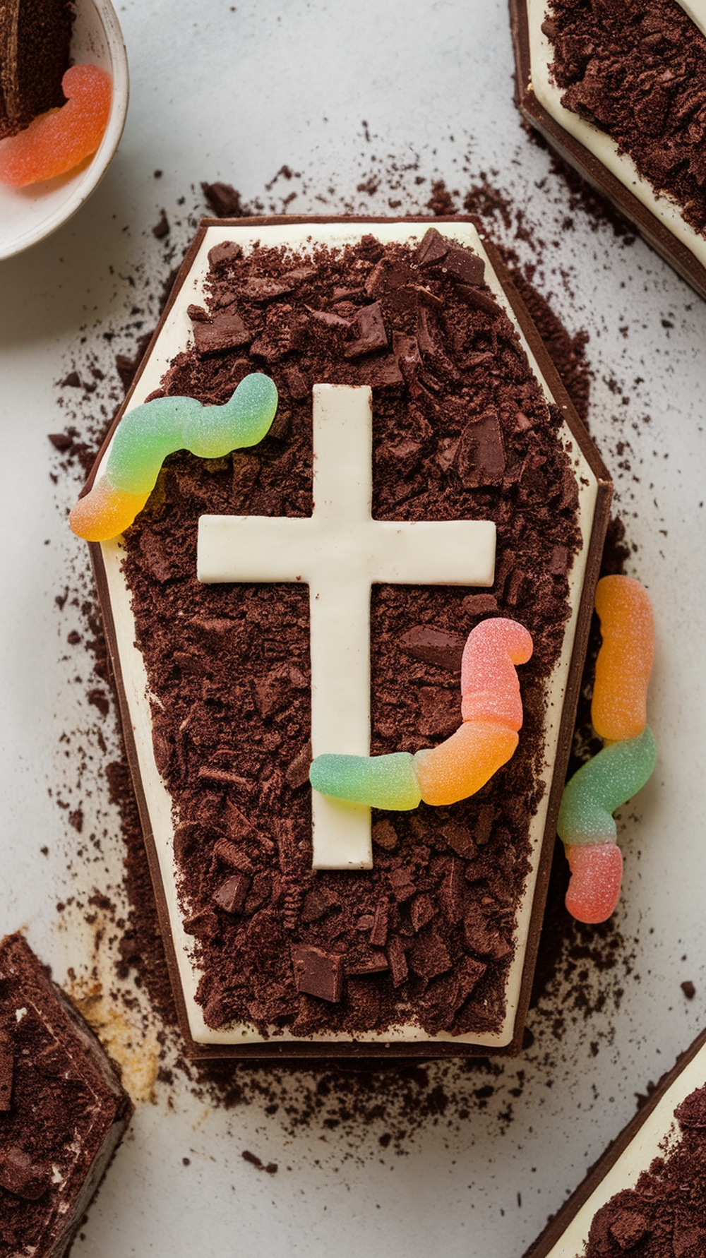 Chocolate coffin cake decorated with gummy worms and a white chocolate cross