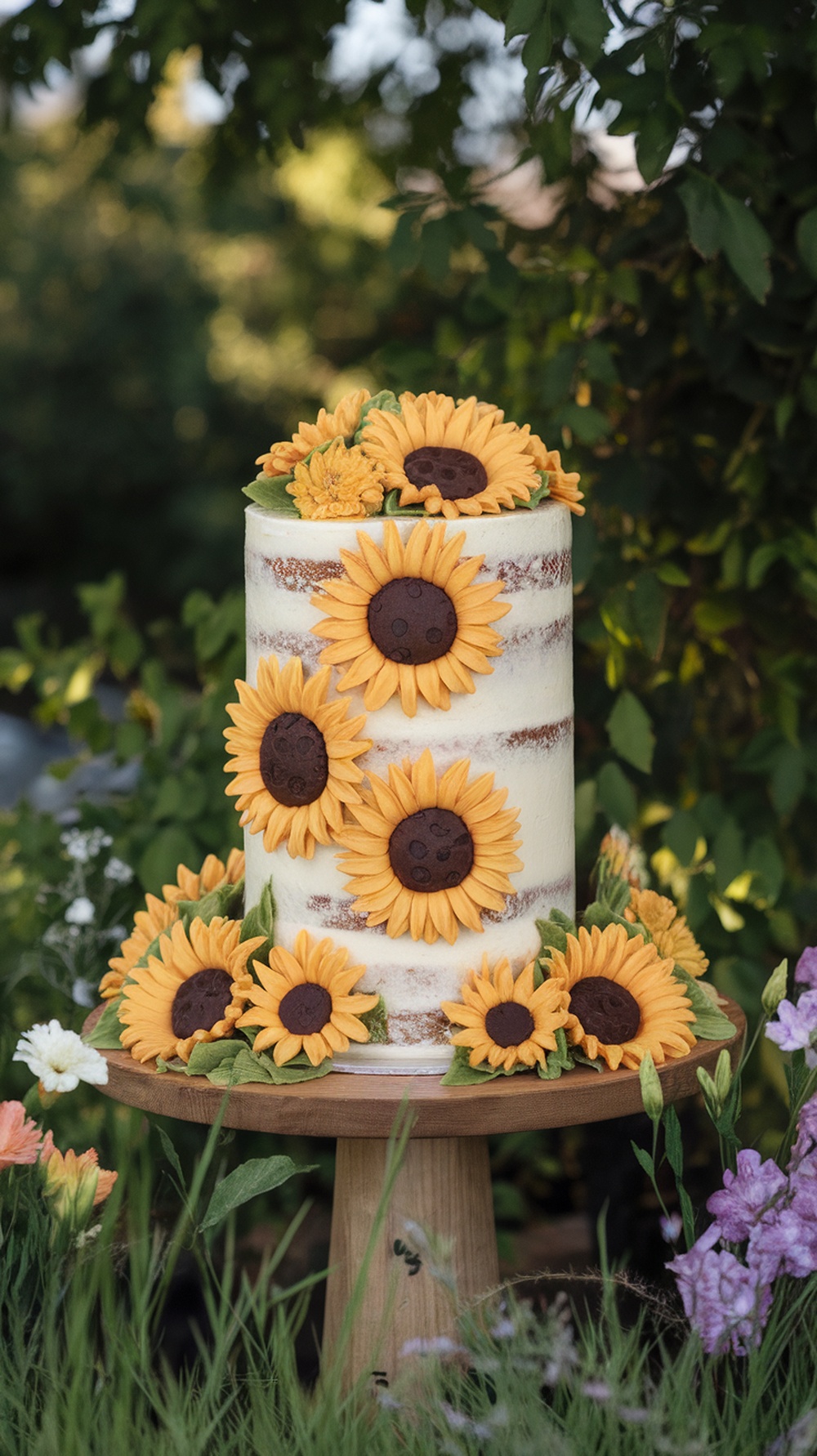 A beautifully decorated Vanilla Sunflower Layer Cake with fondant sunflowers and green leaves.