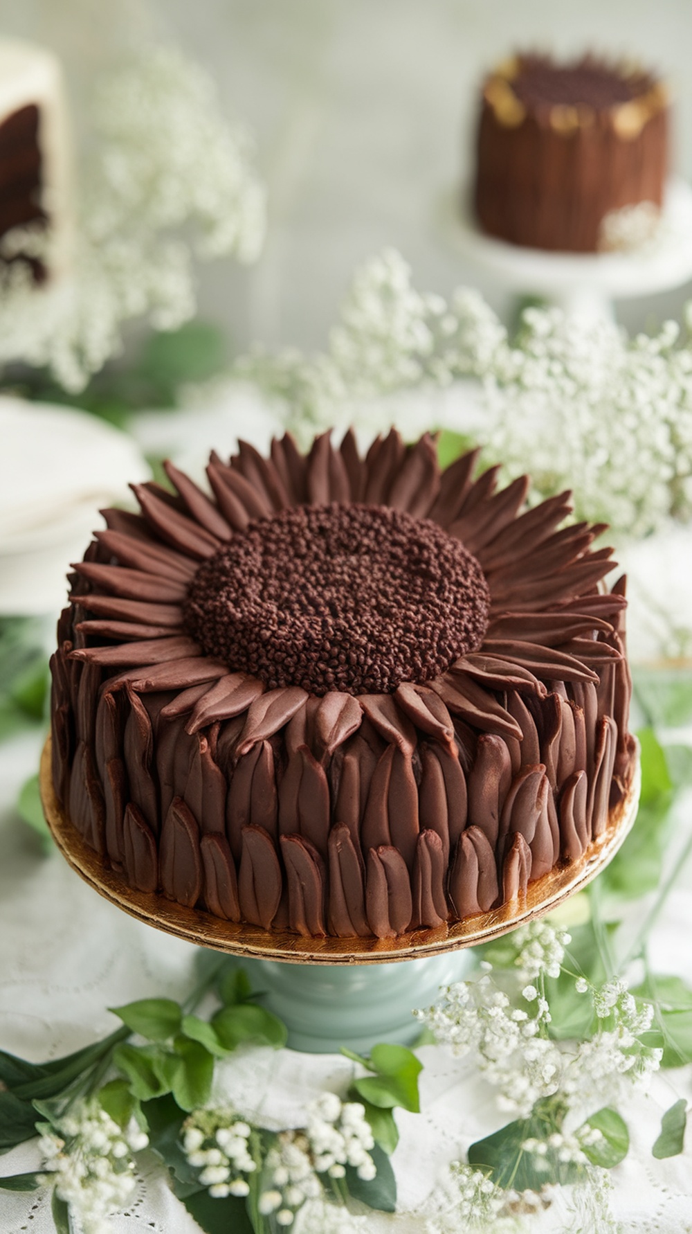 A beautifully decorated chocolate cake designed to look like a sunflower, featuring chocolate frosting petals and a sprinkle center.