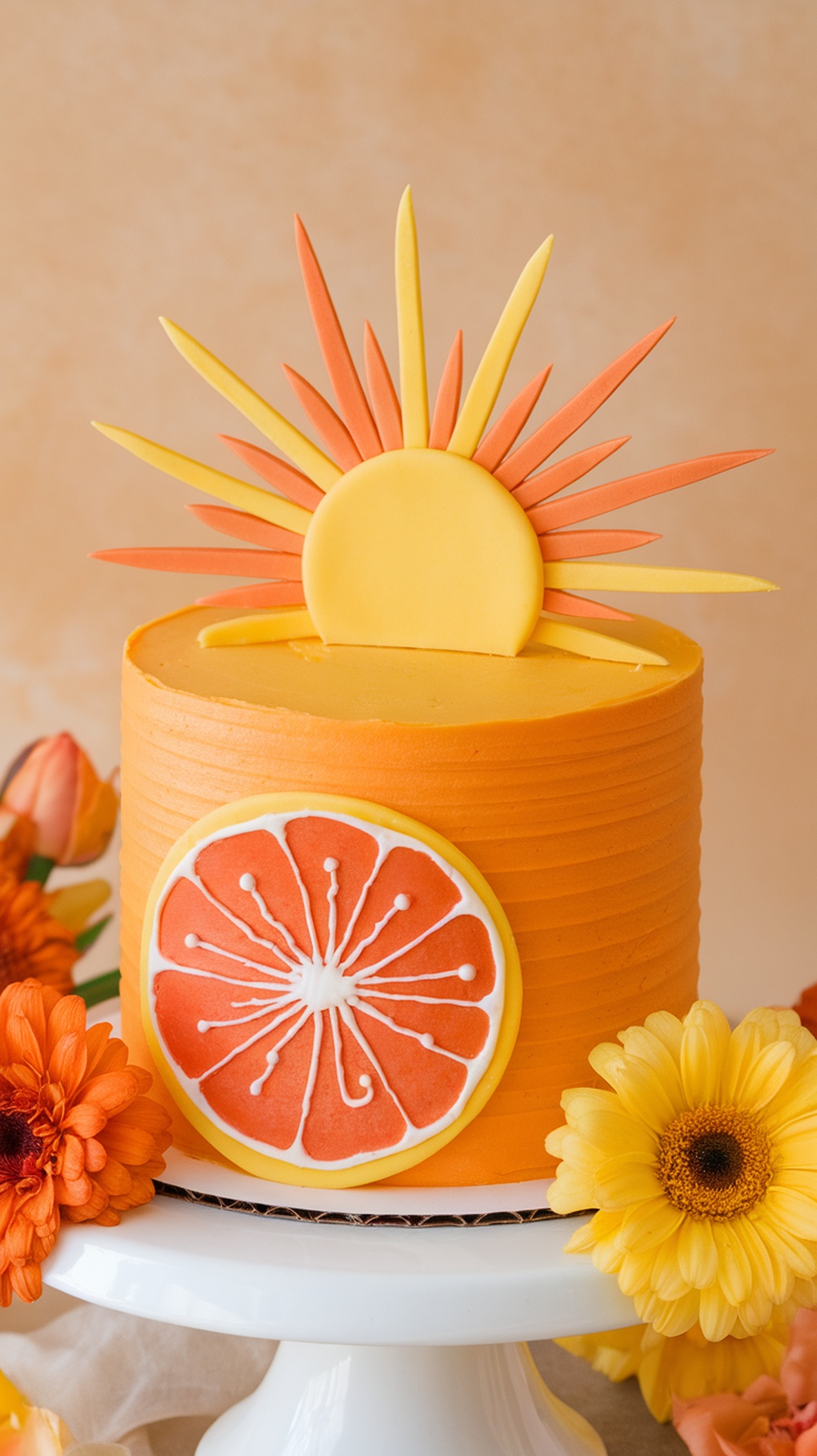 A vibrant orange cake with a sunburst design and citrus decorations, symbolizing the Leo zodiac sign.