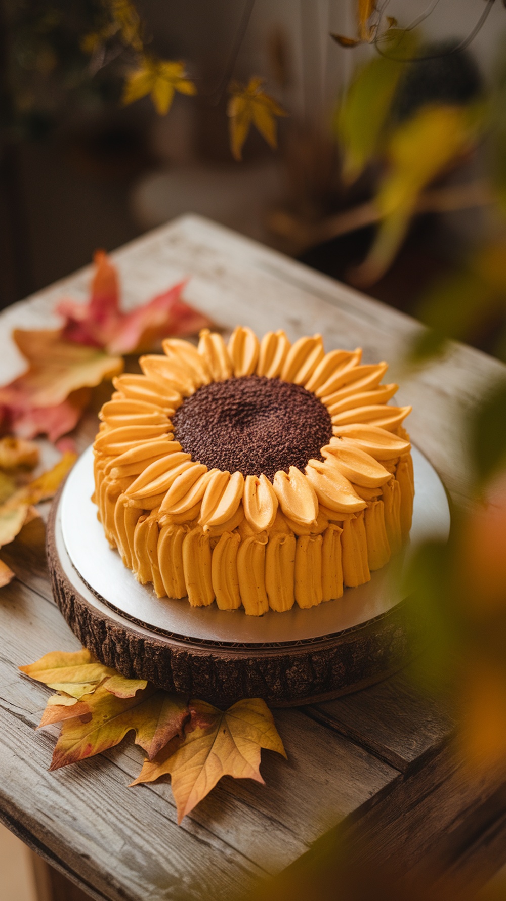 A beautifully decorated sunflower cake with yellow buttercream petals and a chocolate center, placed on a rustic wooden table.