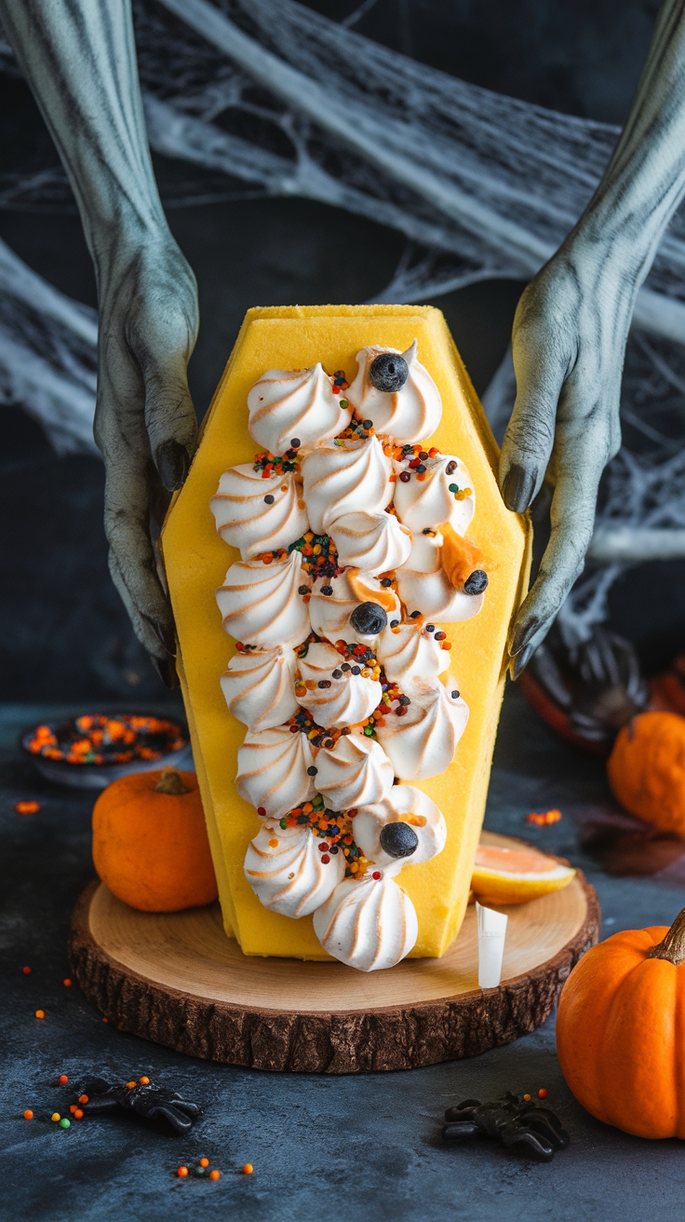 A lemon coffin cake topped with meringue and colorful sprinkles, set against a spooky Halloween backdrop.