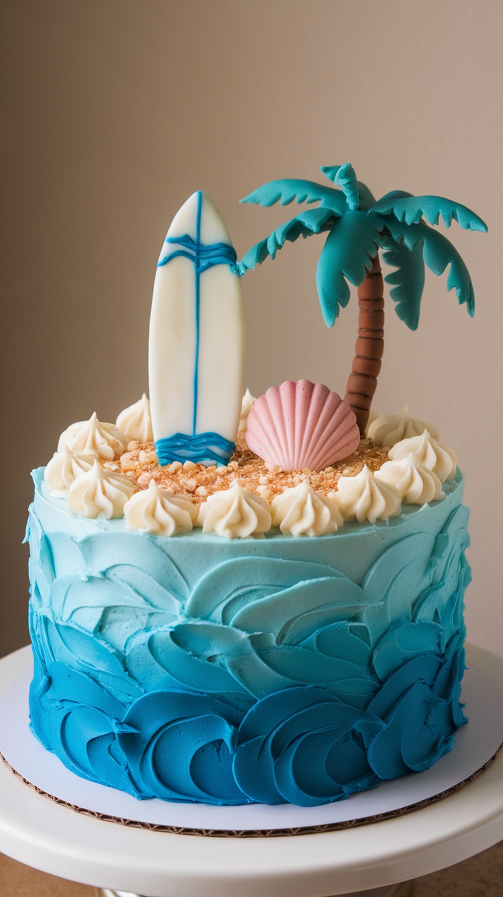 A beautifully decorated Ocean Blue Buttercream Wave Cake with a surfboard, palm tree, and pink shell on top.