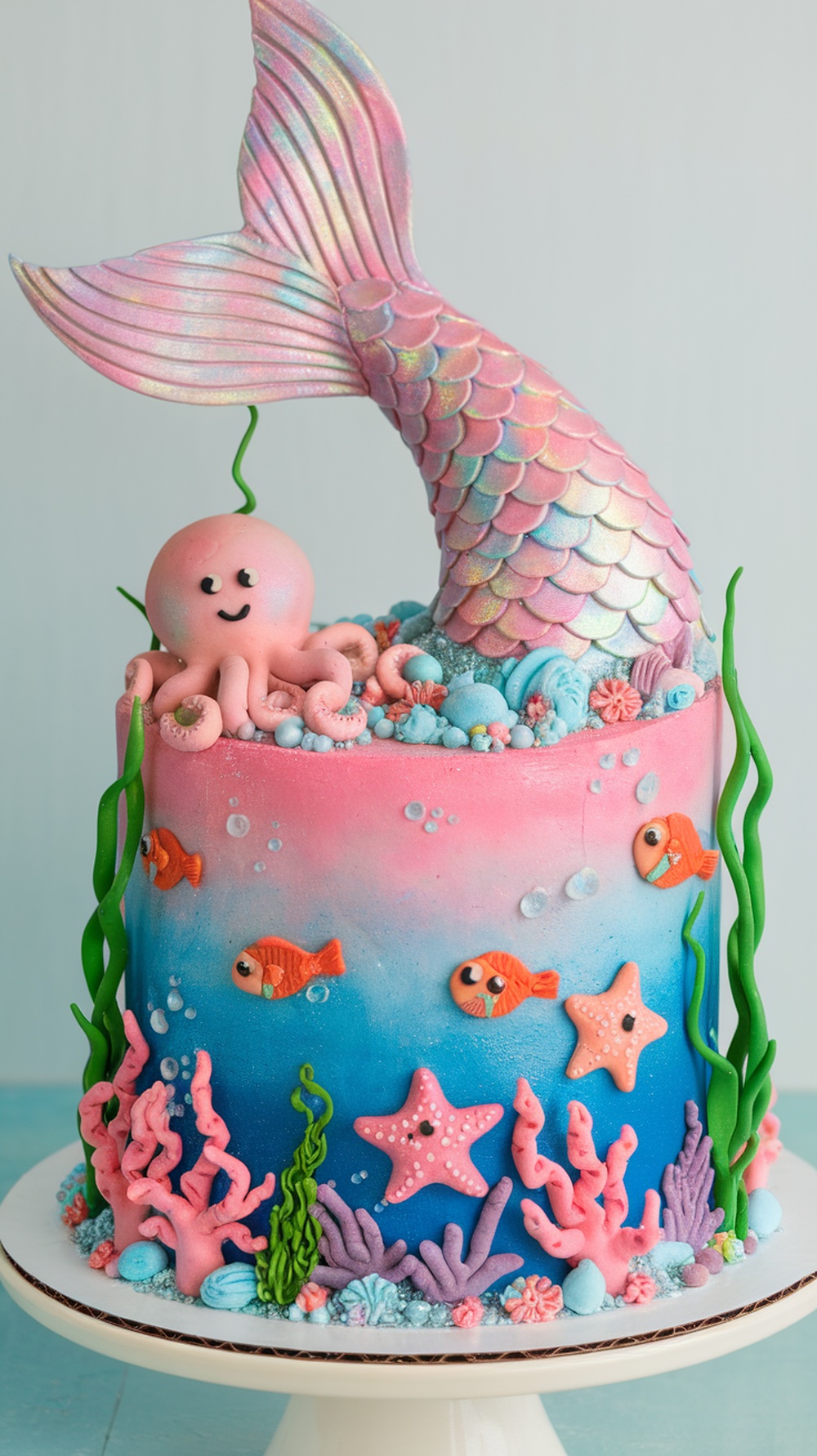 A colorful mermaid tail cake with an octopus and fish decorations