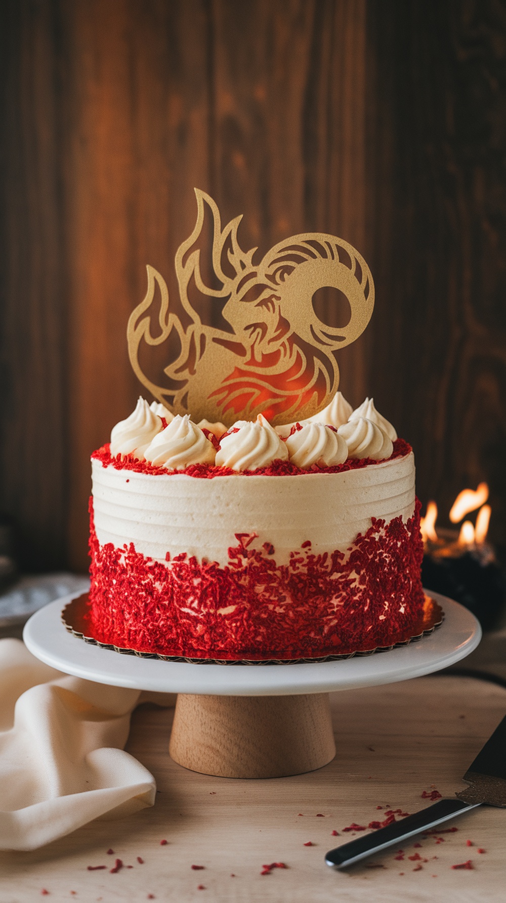 A red velvet cake with cream cheese frosting and a golden Aries symbol on top, set against a rustic wooden background.
