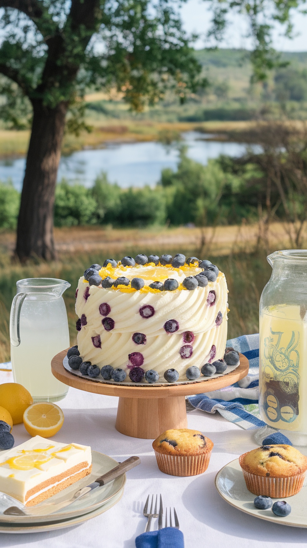 A Blueberry Lemonade Wave Cake surrounded by lemonade and blueberry muffins, set outdoors.
