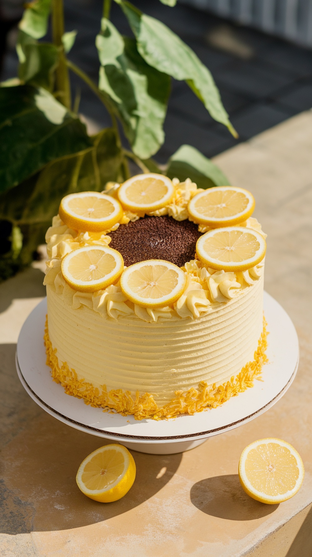 A beautifully decorated Lemon Zest Sunflower Cake with lemon slices on top.